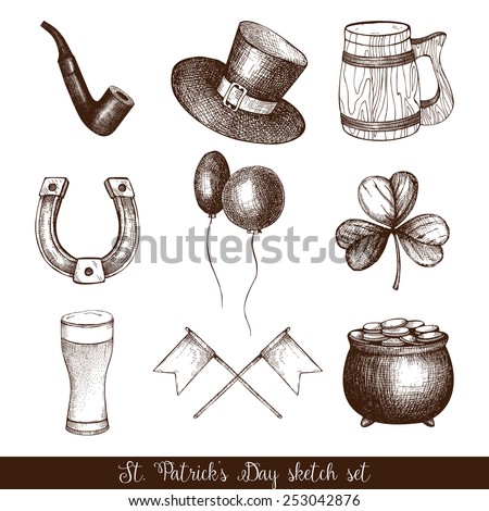 Vector collection of ink hand drawn illustrations for St Patrick's day Vintage set of St Patrick's day sketch Vector collection of ink hand drawn illustrations for St Patrick's day Vintage set of St Patrick's day sketch