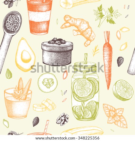Seamless pattern with ink hand drawn diet elements sketch. Vintage healthy food and detox program background.
