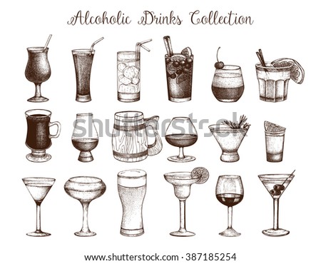 Big set of vintage alcoholic drinks sketch. Ink hand drawn beverage illustrations for bar or restaurant menu isolated on white background