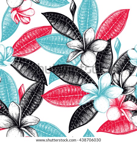 Seamless pattern with hand drawn exotic plants. Tropical flowers and leafs background. Plumeria flowers sketch.