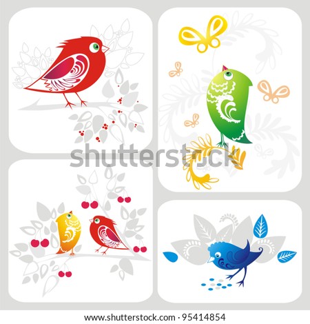 Set with decorative bird colorful silhouettes on cards with floral ornamental elements. Vector illustration.