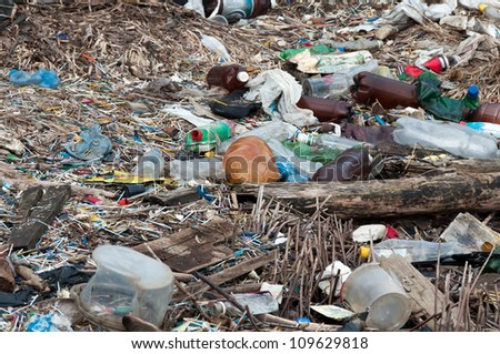 Stack of different types garbage in the wood