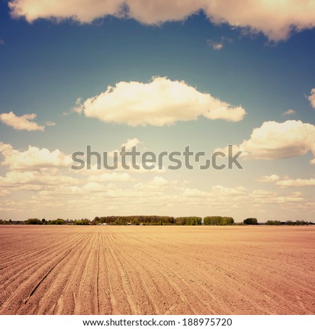 Rural landscape of field and clouds. Vintage retro style