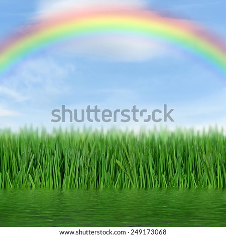 Green grass and a rainbow in the sky reflected in the water