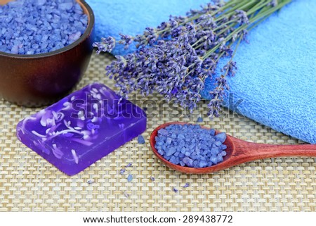 Spa treatments of lavender flowers, soap, sea salt