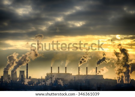 Industrial landscape. From pipe factory smoke, polluting the atmosphere. HDR image