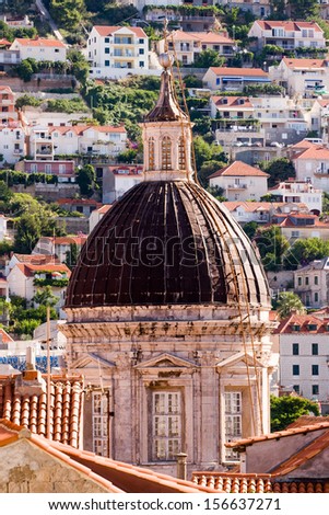 Tower of the Cathedral of assumption of the Virgin Marry with Dubrovnik in the background, Croatia