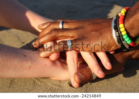 Black And White Hands Together. stock photo : White and lack