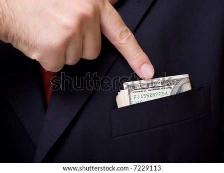 Finger press money in boutonniere close up. Business concept.