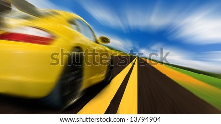 High-speed motion-blurred auto on rural highway