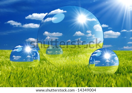 Three glass spheres  on green field  background