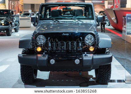 LOS ANGELES, CA. NOVEMBER 20:Jeep Wrangler Willys Wheeler2014 car on display in  LA Auto Show at the L.A. Convention Center on November 20, 2013 in Los Angeles, CA