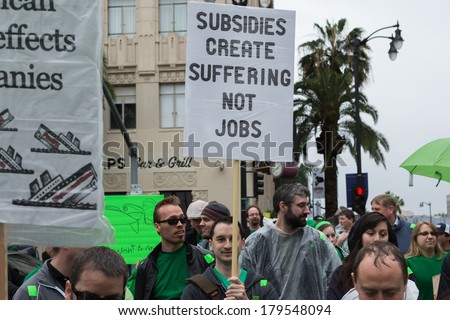 LOS ANGELES,CA - MARCH 02: Visual effects artists protest during Academy Awards on march 02, 2014 in Los Angeles, CA.