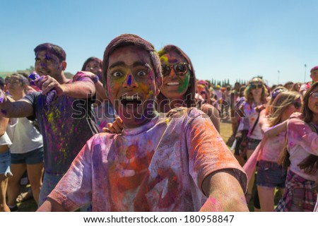 Norwalk, California, USA - March 8:Holi Festival of Colors. People dancing and celebrating during the color throw. 2014