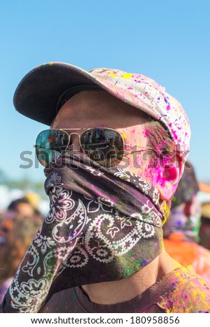 Norwalk, California, USA - March 8:Holi Festival of Colors. Man during the color throw. 2014