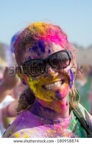 Norwalk, California, USA - March 8:Holi Festival of Colors. Woman  during the color throw. 2014