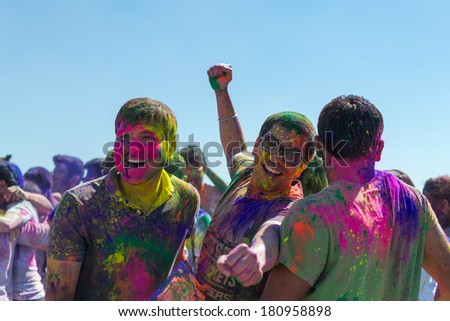 Norwalk, California, USA - March 8:Holi Festival of Colors. People dancing and celebrating during the color throw. 2014