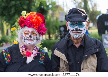 Los Angeles, CA - November 1, 2014: Unknown people at the 15th annual Day the Dead Festival (Dia de los Muertos) at the Hollywood Forever Cemetary in Los Angeles, CA.