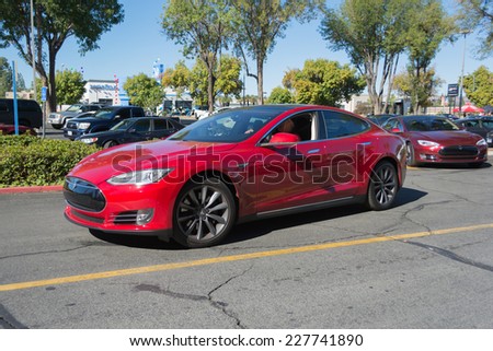 Woodland Hills, CA - November 2, 2014: Tesla Model S at the Supercar Sunday Electric Vehicles in Woodland Hills, CA.