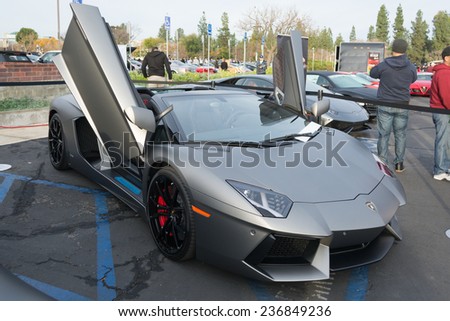 Woodland Hills, CA - December 7, 2014:  Lamborghini Aventador on display at the 11th Annual Motor4toys Charity Car Show and Toy Drive