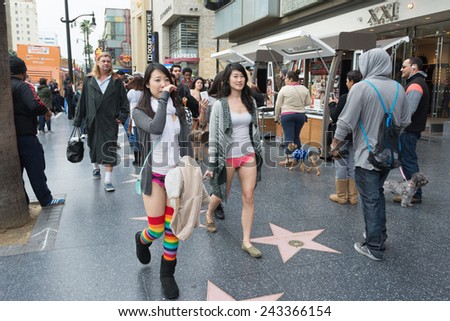 Los Angeles, CA - January 11, 2015: Young women without pants in Hollywood in the 7th Annual International \