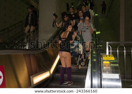 Los Angeles, CA - January 11, 2015: People without pants down the stairs in the 7th Annual International \