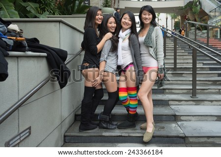 Los Angeles, CA - January 11, 2015: Young women without pants in Hollywood during the 7th Annual International \