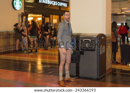 Los Angeles, CA - January 11, 2015: A man without pants in the Union Station during the 7th Annual International \