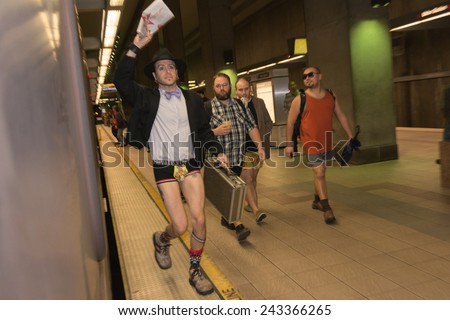 Los Angeles, CA - January 11, 2015: A man without pants running in the metro station during the 7th Annual International \