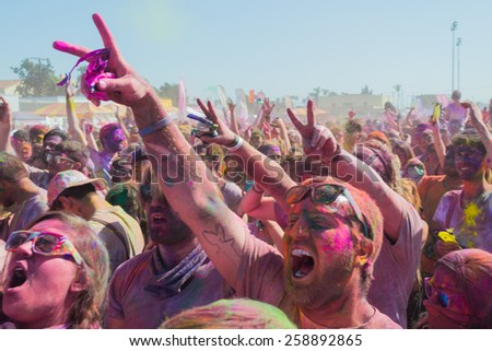 Norwalk, California, USA - March 7, 2015: People celebrating during the Holi Festival of Colors