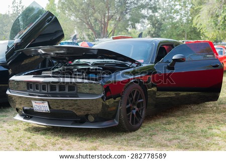Woodland Hills, CA, USA - May 30, 2015: Dodge Challenger car on display during 12th Annual LAPD Car Show & Safety Fair.