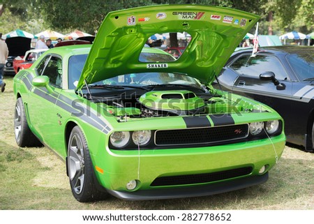 Woodland Hills, CA, USA - May 30, 2015: Dodge Challenger car on display during 12th Annual LAPD Car Show & Safety Fair.