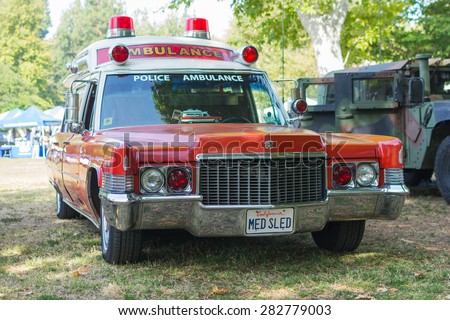 Woodland Hills, CA, USA - May 30, 2015: Vintage Cadillac police ambulance car on display during 12th Annual LAPD Car Show & Safety Fair.