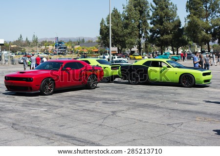 Woodland Hills, CA, USA - June 7, 2015: Dodge Challenger SRT cars on display at the Supercar Sunday car event.