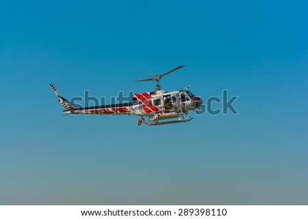 Lakeview Terrace, CA, USA - June 20, 2015: U.S. Forest helicopter during Los Angeles American Heroes Air Show, event designed to educate the public about rotary-wing aviation.