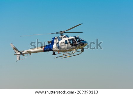 Lakeview Terrace, CA, USA - June 20, 2015: U.S. Customs ans Border Protection helicopter during Los Angeles American Heroes Air Show, event designed to educate the public about rotary-wing aviation.