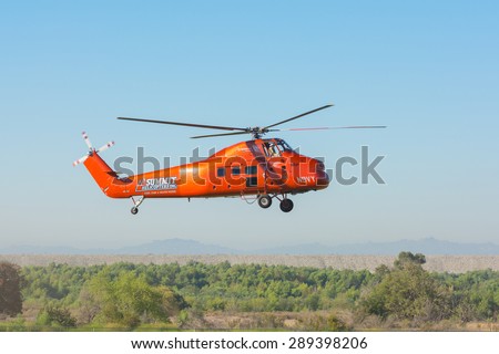Lakeview Terrace, CA, USA - June 20, 2015: Summit Sikorsky S-58DT N9VY during Los Angeles American Heroes Air Show, event designed to educate the public about rotary-wing aviation.