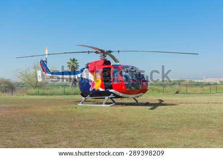Lakeview Terrace, CA, USA - June 20, 2015: Red Bull helicopter during Los Angeles American Heroes Air Show, event designed to educate the public about rotary-wing aviation.