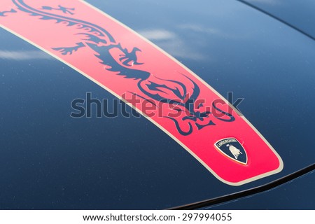 Woodland Hills, CA, USA - July 19, 2015:  Lamborghini car logo  at the Supercar Sunday car event.