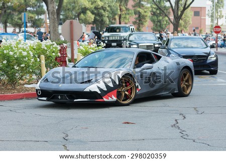 Woodland Hills, CA, USA - July 19, 2015:  Ferrari 458 car on display at the Supercar Sunday car event.