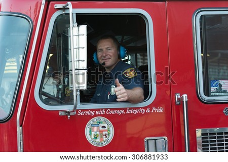 Los Angeles, CA - USA - August 16, 2015:  Fire Truck during 75th Annual Nisei Week Grand Parade in Little Tokyo.