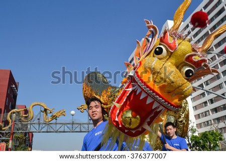 Los Angeles, USA - February 13, 2016: Chinese dragon during the 117th Golden Dragon Parade, celebrating Chinese New Year and the Year of the Monkey.