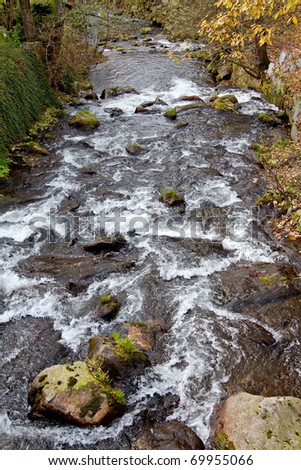 View on the river. Flowing water, stones and grass