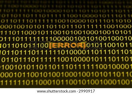 Binary code in yellow tones with red glowing error message on black background. Selective focus