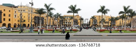 LIMA - SEPTEMBER 10:  Plaza Mayor (formerly, Plaza de Armas) in Lima, Peru, taken from the cathedral on September 10, 2012. The plaza has been the center of Lima since the city was founded in 1535.