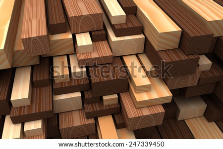 Construction materials. Set of different wooden boards and plank  made of redwood, pine, ash, beech. Industrial 3d Illustration