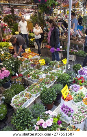 Amsterdam, Netherlands, 10 may 2015: tourists look at merchandise on amsterdam flower market in the netherlands