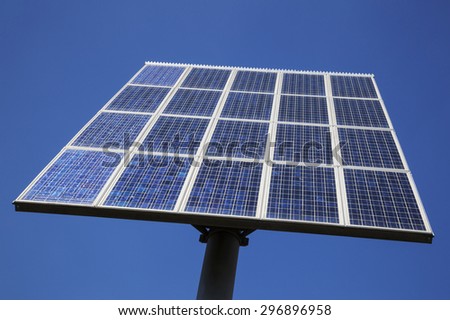 closeup of a chess board pattern of solar panels close together and blue sky