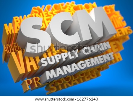 SCM - Supply Chain Management. The Words in White Color on Cloud of Yellow Words on Blue Background.