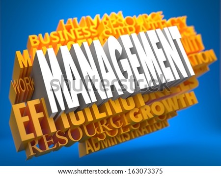 Management Word in White Color on Cloud of Yellow Words on Blue Background.